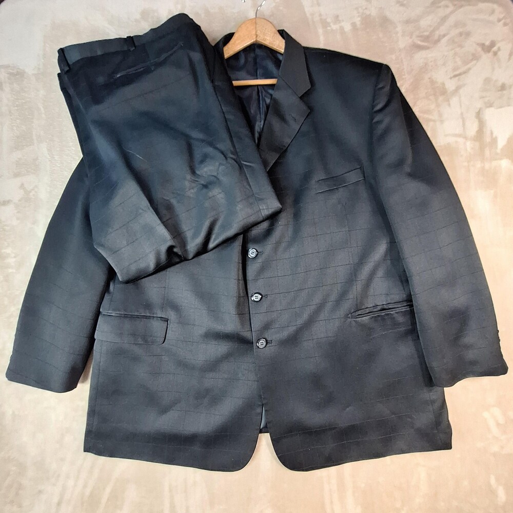 Zandello Suit Mens 54R 46x26 Black Poly Check Ventless 4 Button 2 Piece Formal